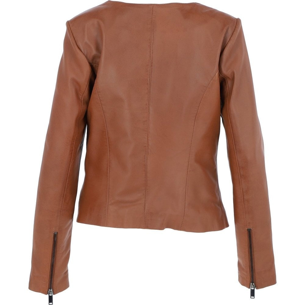 Ladies Tan Collarless Side Zip Fashion Leather Jacket